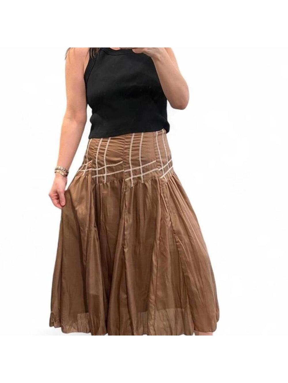 Vintage Y2K Mix Nouveau Brown Cotton Drop Waist Midi Skirt